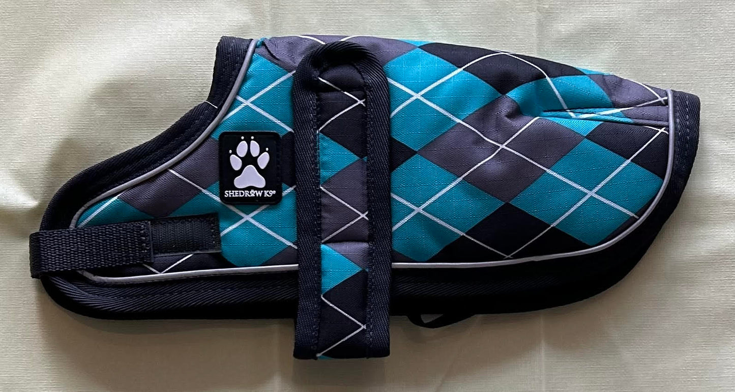 Shedrow Glacier Dog Coat in Black Teal Argyle