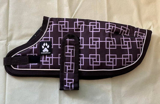 Shedrow Glacier Dog Coat in Chocolate & Mauve Geometric