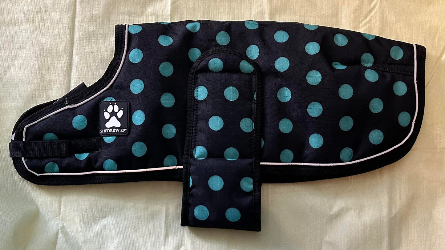 Shedrow Glacier Dog Coat in Black with Teal Polka Dots